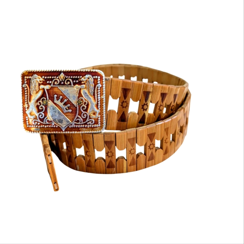 Vintage wooden bamboo Belt With Crown‎ Lion buckle